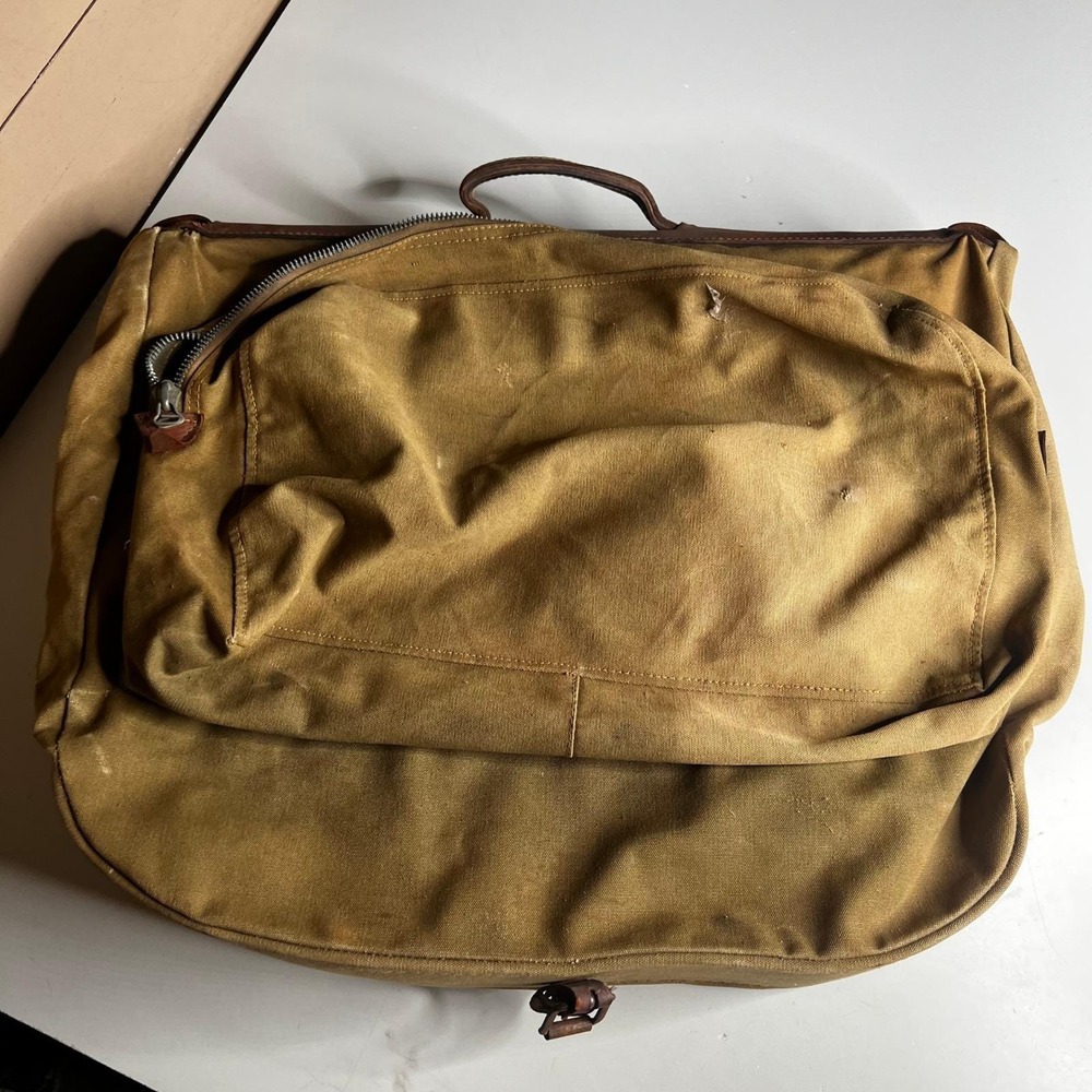 Vintage Military Canvas Garment Bag Khaki Travel Suitcase Leather Distressed